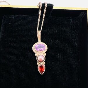 Sterling Silver Amethyst, Purple Pearl & Garnet Tear Drop Necklace PTI 925